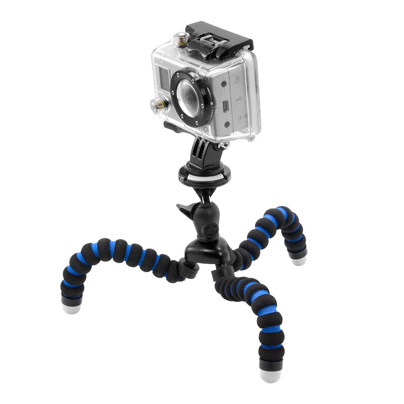 The Mini Tripod Mount for GoPro HERO Action Cameras is a compact camera accessory with three flexible black legs and blue rings, perfect for live streaming and capturing stable shots from different surfaces and angles.