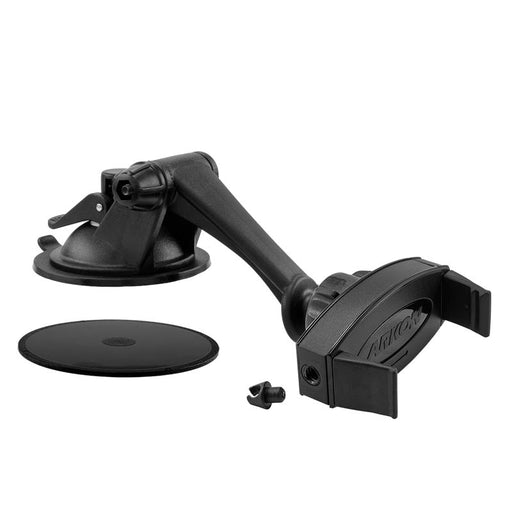 The Mobile Grip 2 Phone Car Mount with Sticky Suction features an adjustable black design, suction cup base, adhesive mounting pad, and small screwāideal for use as a car or windshield phone holder. Shown on a white background.