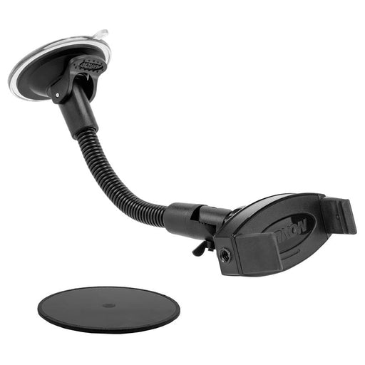 The Mobile Grip 2 Windshield Suction Car Mount features an 8.5 flexible arm and cradle for iPhone, Galaxy, Note, and more. Includes a separate round adhesive pad placed next to the mount.