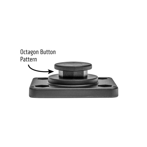 A black octagon-shaped button sits on a rectangular base labeled “OCTO™ Series Button Pattern to 4-Hole AMPS Rectangular Adapter,” with an arrow pointing to the button, shown on a white background; compatible with AMPS or Arkon Mounts.