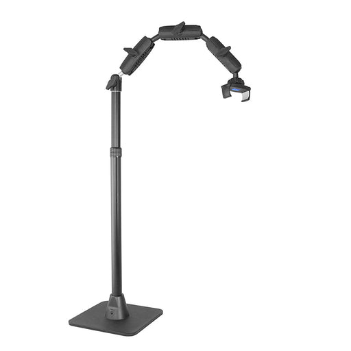 The Remarkable Creator™ Pro Mount is a black, adjustable overhead filming stand with multiple joints and a small end clip, designed to securely hold devices on a stable, vibration-resistant base.