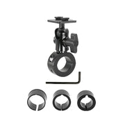 The Aluminum Motorcycle Handlebar Mount - Dual-T Compatible is a black adjustable mount with a square top plate, Allen key, and three circular insert adapters for attaching dual-T holders to tubular handlebars.
