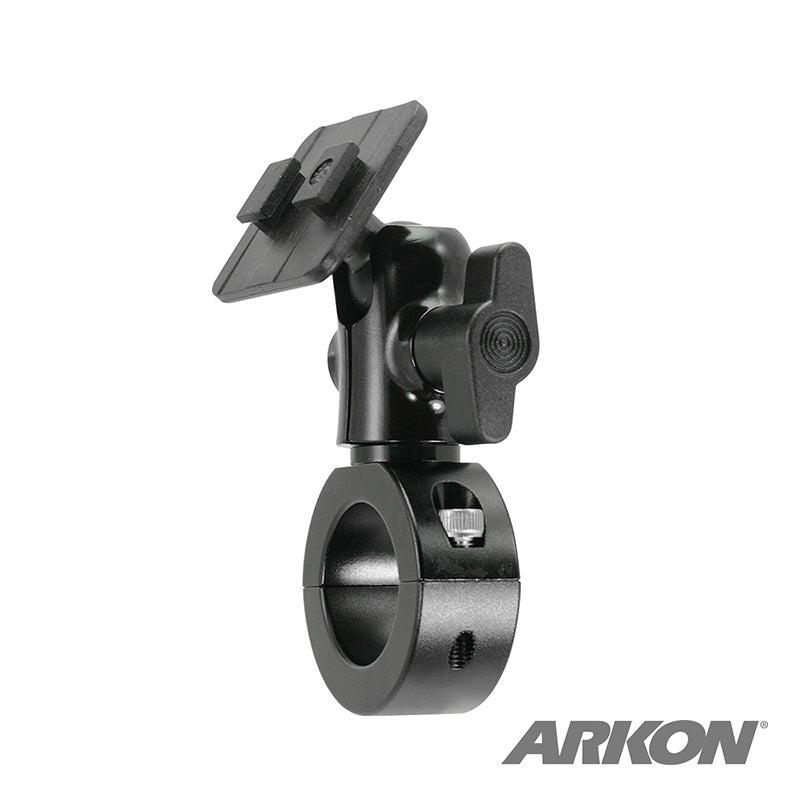 The Aluminum Motorcycle Handlebar Mount - Dual-T Compatible is a black, adjustable bracket and clamp for attaching devices or phone holders to bike handlebars. The Arkon logo appears in the bottom right corner.