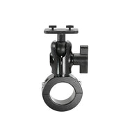 The Aluminum Motorcycle Handlebar Mount - Dual-T Compatible is a black, adjustable bracket with a circular clamp base and rectangular top, designed for securely mounting devices like phone or dual-T holders to your motorcycle handlebars.