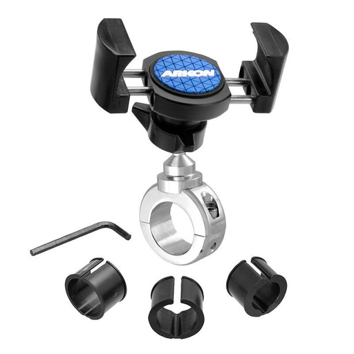 The RoadViseĀ® Holder with Chrome Aluminum Mount securely attaches to bicycle or motorcycle handlebars, featuring an adjustable grip, circular clamp, four black plastic inserts, a small hex keyāideal as a versatile phone mount.