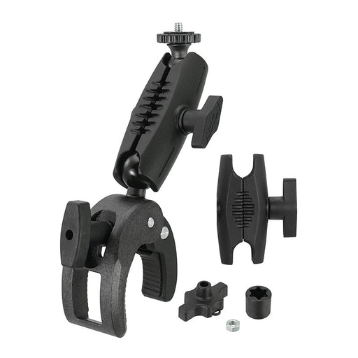 The Robust Clamp Camera Mount with Security Knob in black features an articulated arm and adjustable clamp, shown both assembled and disassembled with detachable parts and hardware on a white background.