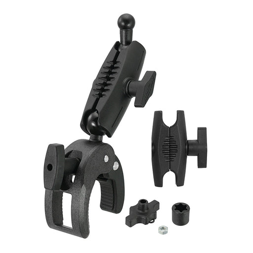 The Robust Clamp Mount with Security Knob - 17mm Compatible features a ball-and-socket arm, tightening knob, and connectors for attaching accessories to various surfaces. The complete set is shown on a white background.