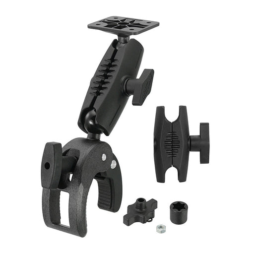 The Robust Clamp Mount with Security Knob is a black, adjustable mount featuring a rotating arm and 4-hole AMPS compatibility, designed to securely attach devices to surfaces like handlebars or poles for reliable support.