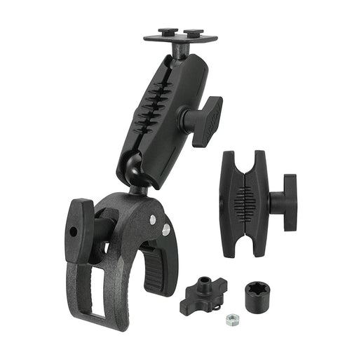 The Robust Clamp Mount with Security Knob - Dual T-Tab Compatible is displayed on a white background, showcasing its textured grip and knob—ideal for securely attaching your motorbike GPS.