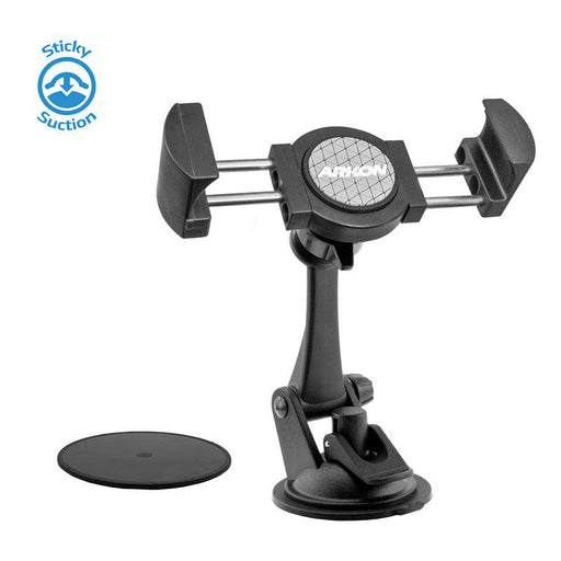 RoadVise® XL Car Dash or Windshield Mount shown on a white background, featuring an adjustable design with a suction cup base and round adhesive pad. “Sticky Suction” logo appears in the top left—ideal for handsfree car phone use.