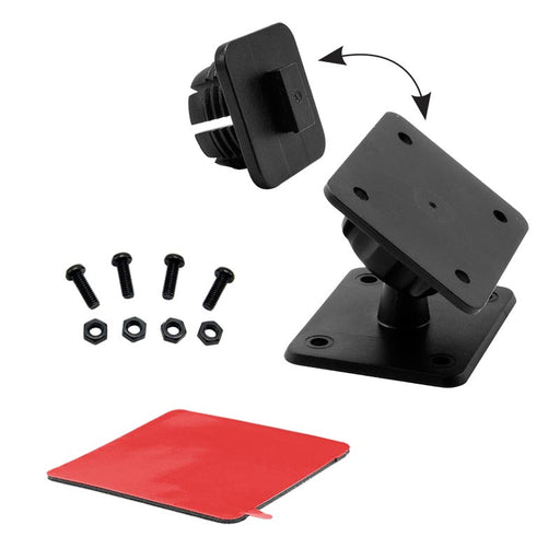 The Satellite Radio Drill-Base Mount for Sirius XM features a black adjustable bracket with screws, nuts, a red adhesive pad, and a detachable 4-hole AMPS square connector. An arrow shows its rotation. All items appear on a white background.
