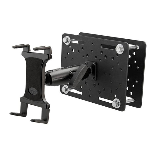 The Slim-Grip® Overhead Guard Forklift Tablet Mount with 5 Shaft features a rugged holder with a mounting plate and multiple screw holes for secure wall or surface attachment—ideal as a warehouse tablet holder—shown on a white background.