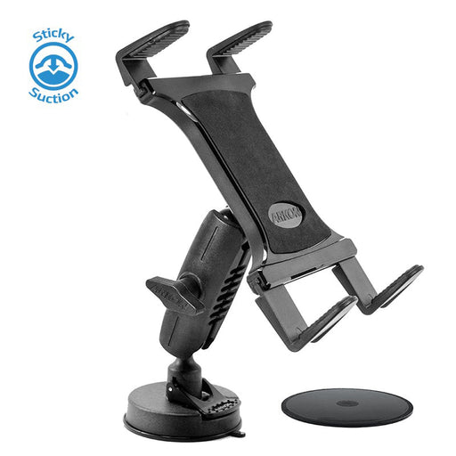 The Slim-Grip® Tablet Holder with Heavy-Duty Sticky Suction Windshield or Dash Mount, shown in black with a suction cup base, adhesive pad, and blue Sticky Suction icon, offers versatile dashboard or windshield mounting for tablets.