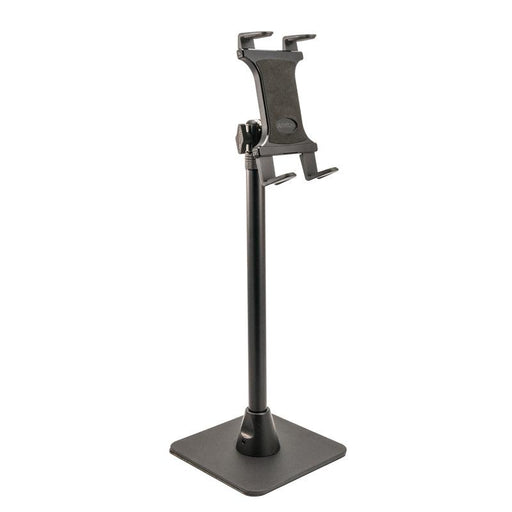 The Slim-Grip® Tablet Holder with Height-Adjustable Desk Stand is a black stand with a rectangular base, vertical pole, and top grip to securely hold your tablet in portrait orientation.