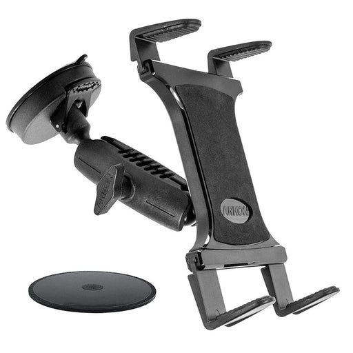 The Slim-Grip® Tablet Holder with Suction Cup Windshield Mount is a black, adjustable cradle for tablets or smartphones, ideal for securing devices on your cars windshield. Shown on a white background.