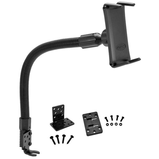 The Slim-GripĀ® Ultra 18 Seat Rail or Floor Car Mount is a black adjustable tablet or phone holder with a flexible gooseneck arm, clamp base, and mounting plates. Includes screws and hardware at the base for secure installation.