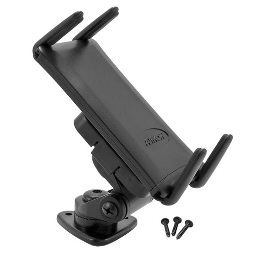 The Slim-GripĀ® Ultra Multi-Angle Adhesive Phone Car Mount is a black, adjustable holder with a sturdy base and three screws, ideal for holding phones or tablets for GPS in your car. Displayed against a white background.