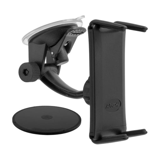 Slim-GripĀ® Ultra Windshield or Dash Phone Car Mount for iPad, Note, and more features a suction cup base, adjustable arm, and side grips for secure device holding; shown with a round adhesive pad for dashboard mounting.