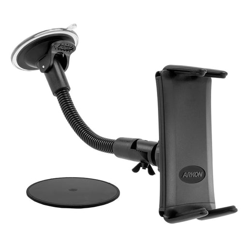 The Slim-GripĀ® Ultra Windshield Phone Car Mount with 8.5 Inch Arm features a flexible gooseneck, suction cup base, and includes a circular adhesive dashboard pad for versatile mounting in your car.