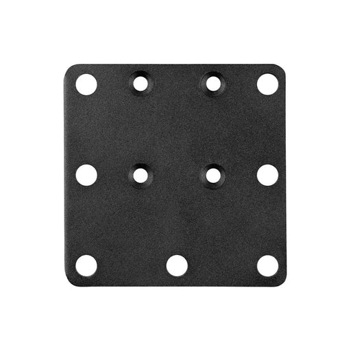 Square AMPS Mounting Plate in black metal with rounded corners and nine evenly spaced holes, compatible with the VESA 75 pattern, shown against a white background.
