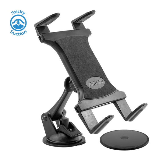 The Sticky Suction Windshield or Dash Slim-Grip® Tablet Mount for iPad, Note, and more features adjustable arms, a suction mount base with round adhesive pad, and is ideal for dashboards. A blue Sticky Suction logo appears in the top left corner.