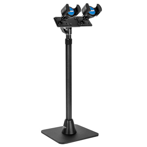 The TW Broadcaster Pro Dual RoadViseĀ® is a 29-inch black desk or countertop phone mount with a flat square base and two angled holders featuring blue knobsāideal for content creators or live streaming.
