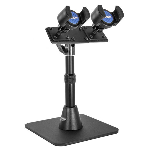 The TW Broadcaster Pro Stand is a dual RoadViseĀ® phone desk stand with an adjustable pole and flat base, perfect for content creators live streaming on Instagram or Facebook Live. Features two angled holders for mounting two phones securely.