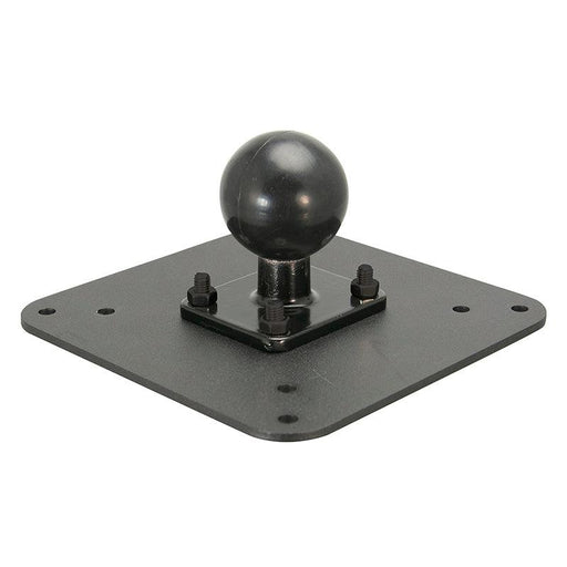 The VESA 75 / VESA 100 to 38mm (1.5 inch) Ball Mount Adapter Plate is a black metal plate with a central round ball hitch, secured by four bolts, ideal for attaching accessories or equipment using the VESA mounting standard.