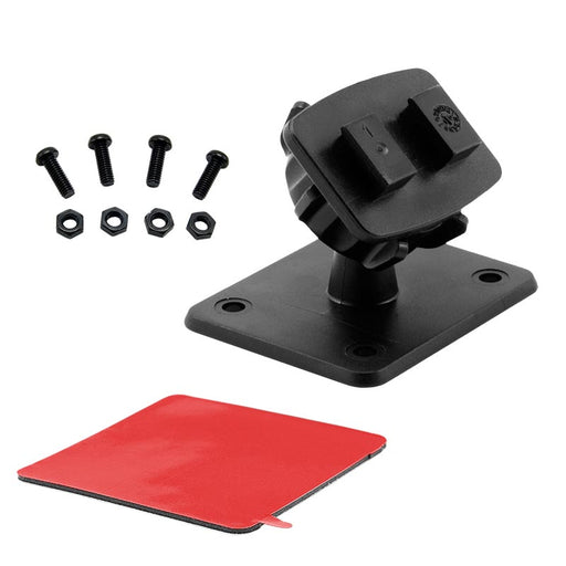 A VSM or AMPS Pattern Adhesive Swivel Adapter includes a black adjustable bracket with square base, 5 screws, 5 nuts, red adhesive pad, and adapter—ideal for 360° tablet holders or Dual-T mounts—shown on a white background.