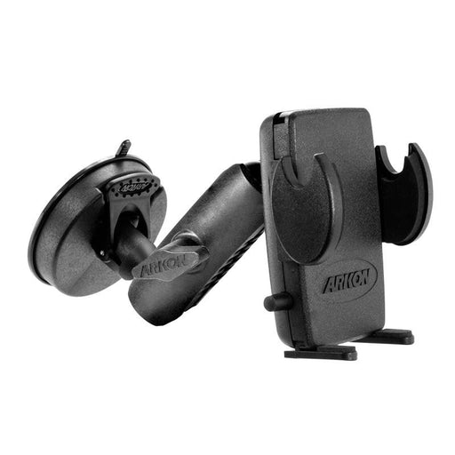 The Windshield Suction Phone Mount for Mega Grip™ securely attaches to your dashboard or windshield. It features a black universal holder with an adjustable arm and cradle, providing heavy-duty, hands-free convenience for your smartphone.