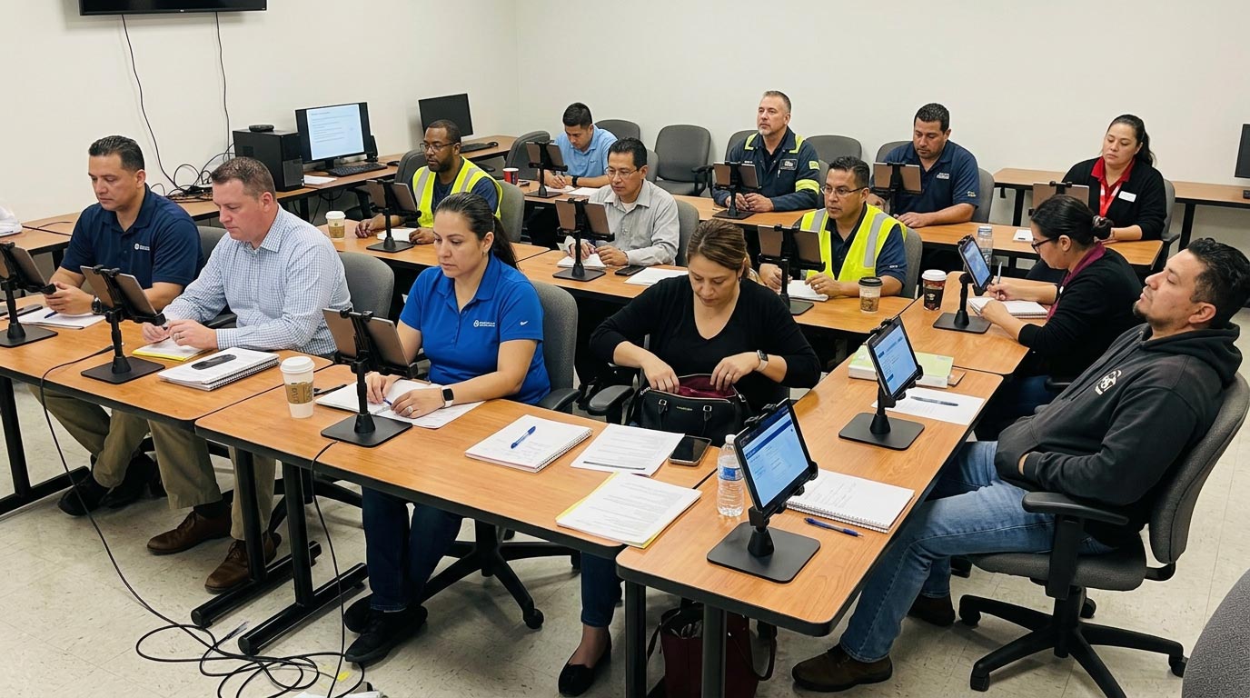 Room of adult students and employees using tabels for training