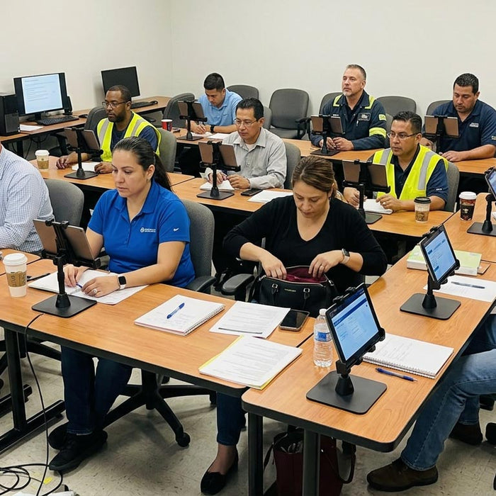 Room of adult students and employees using tabels for training