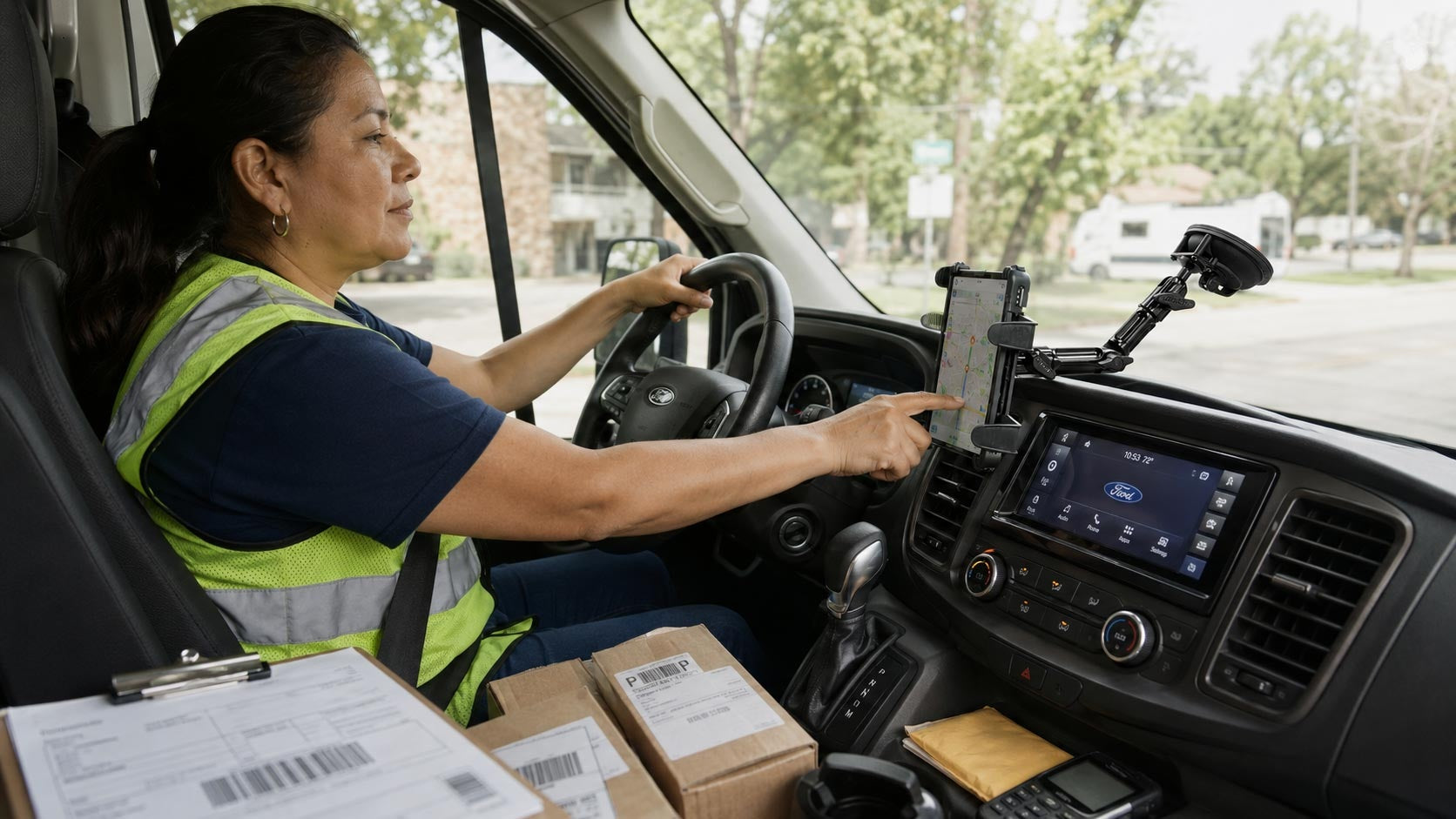 Side view image from the passneger seat of a woman delivery driver with a high vis vest on driving a Ford Transit van operating a tablet that is mounted with a suction mount to the van's windshield.