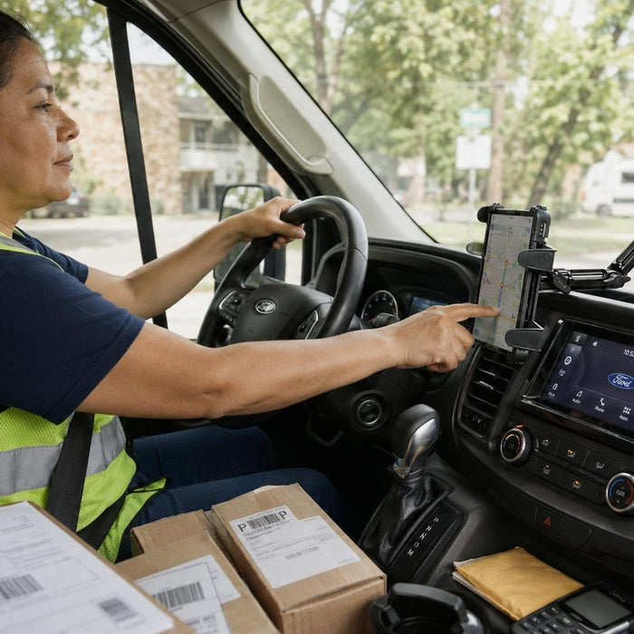 Side view image from the passneger seat of a woman delivery driver with a high vis vest on driving a Ford Transit van operating a tablet that is mounted with a suction mount to the van's windshield.