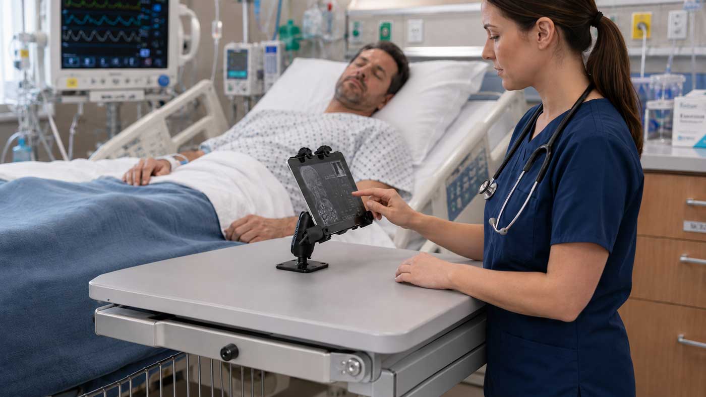Image of a white female nurse in dark blue scrubs working on a mounted tablet that's attached to a healthcare cart. She is in front of a hospital bed with a while male with dark hair. There is a screen showing his vitals in the background. 
