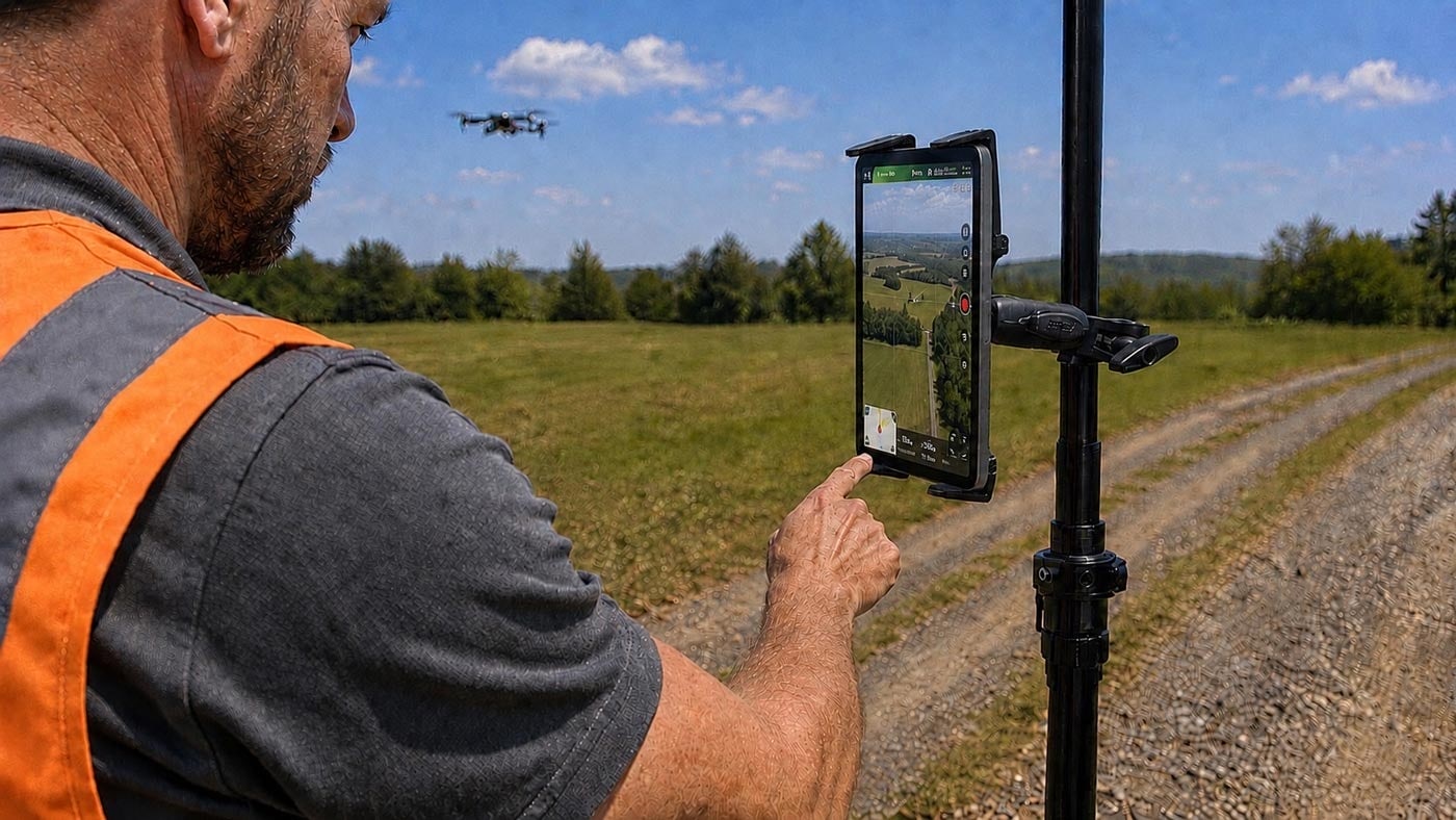 Image of a man working on a tablet that is attached to a pole. He is on a track with grass in the background and a drone is flying in the sky