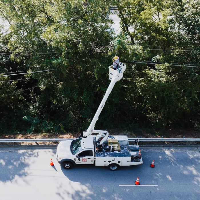 Image of a white service truck with cherry picker parked on a road. The service technician is working on some overhead cables. In the background there are a row of large tress. The angle of the image is looking down at an angle