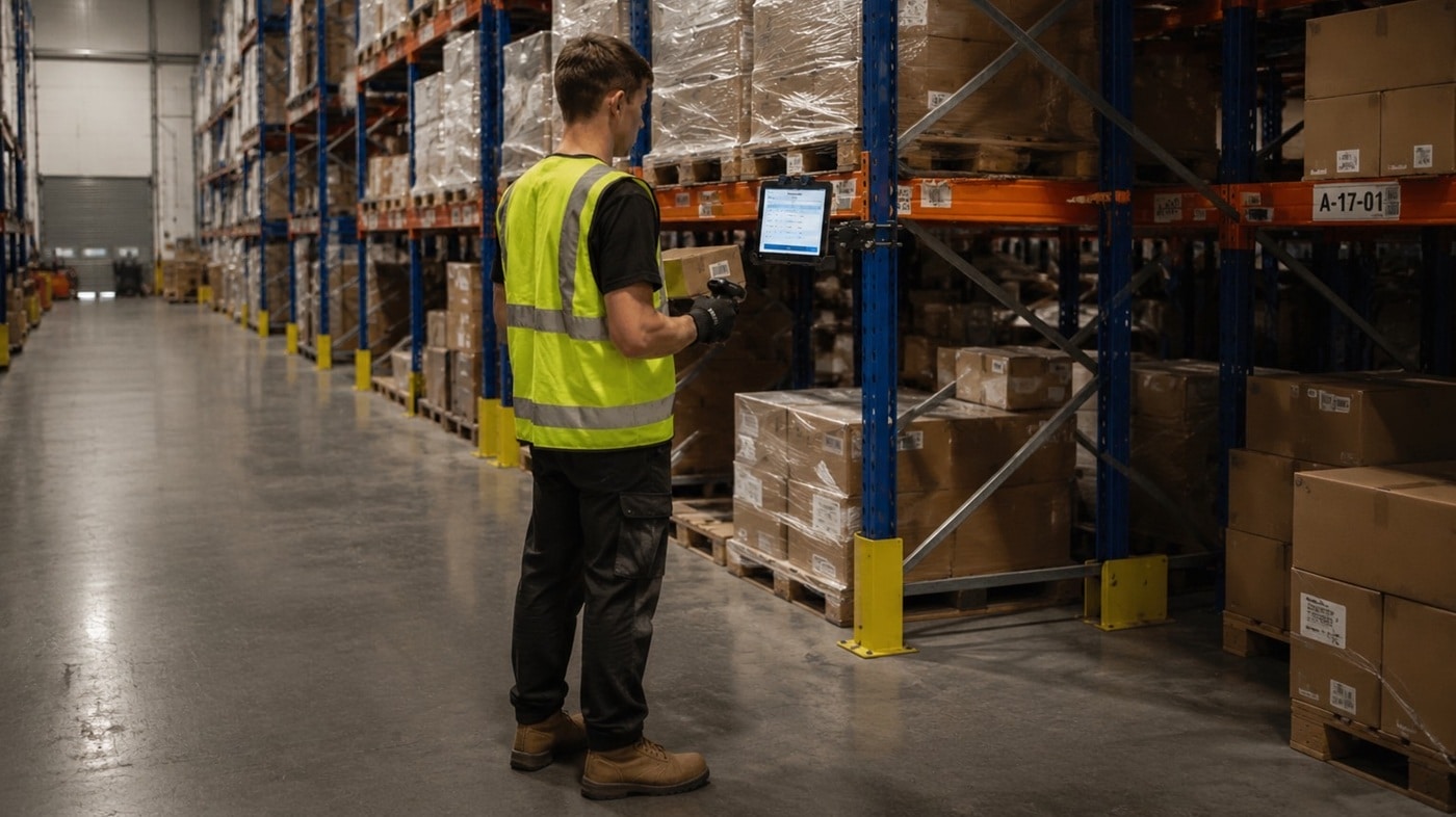 A man stood in a warehouse, looking at a tablet in a mounted holder that is attached to the metal frame of warehouse shelving. He is wearing a high-vis vest and is holding a box. There are cardboard boxes on the shelves.