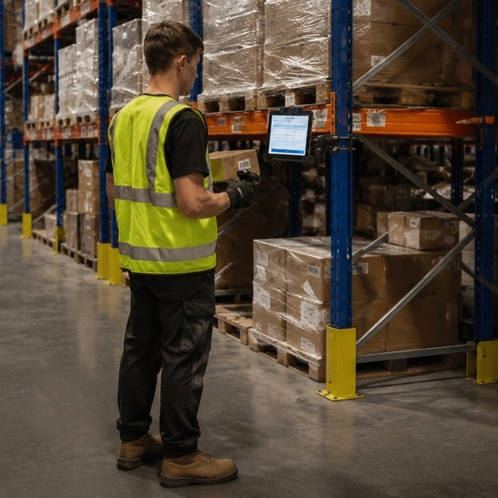 A man stood in a warehouse, looking at a tablet in a mounted holder that is attached to the metal frame of warehouse shelving. He is wearing a high-vis vest and is holding a box. There are cardboard boxes on the shelves.