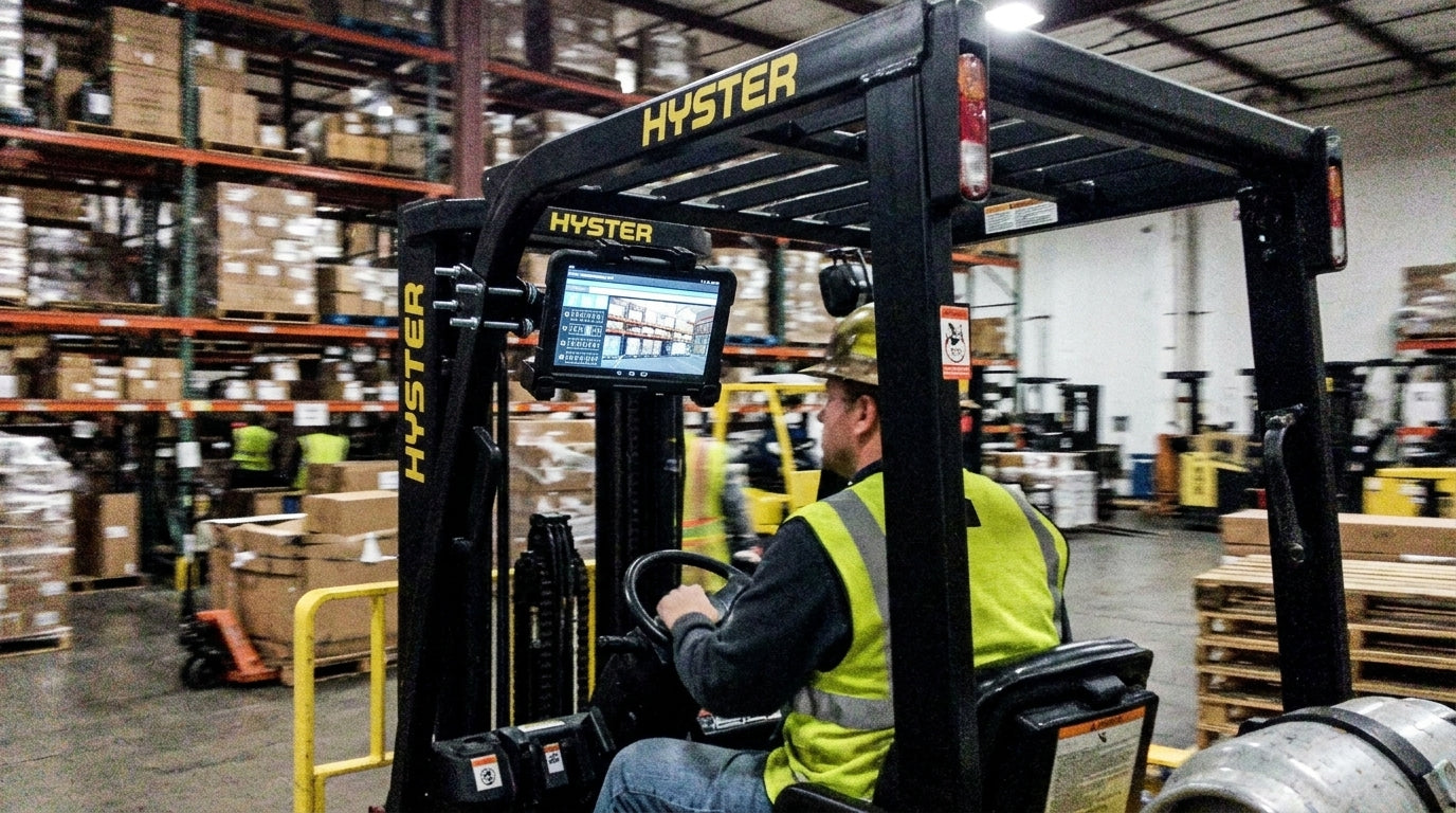 Image of a forklift driver in a warehouse look at a tablet screen