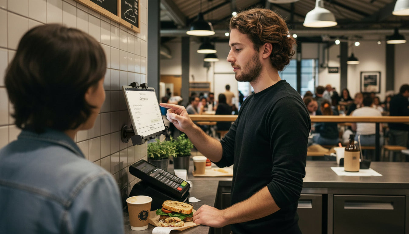 pos tablet mounted at restaurant for ease of use