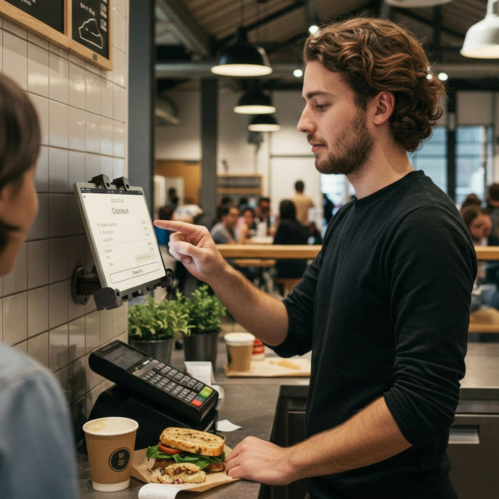 pos tablet mounted at restaurant for ease of use