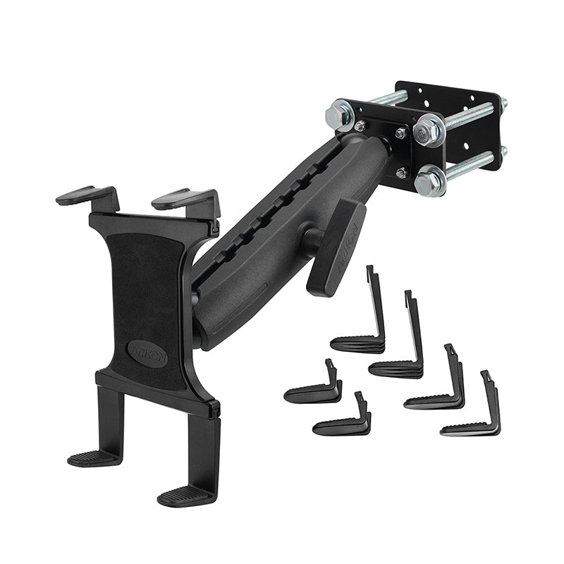 The Slim-Grip® Tablet Holder with Forklift Front Guard Mount and 10.25 metal arm, featuring removable corner grips and an adjustable cradle clamp, is shown in black and silver against a white background.