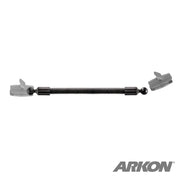 The 15.5 inch Double Socket Arm Extension Pole has black and gray 25mm (1 inch) ball ends, phone mount clips on each end, and displays the ARKON logo at the bottom right.