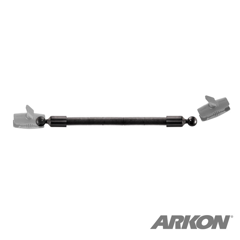 The 15.5 inch Double Socket Arm Extension Pole has black and gray 25mm (1 inch) ball ends, phone mount clips on each end, and displays the ARKON logo at the bottom right.