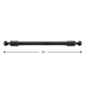 The 15.5 inch Double Socket Arm Extension Pole with 25mm (1 inch) ball ends is shown horizontally, featuring threaded sides and ball ends, with a double-headed arrow below indicating its length.
