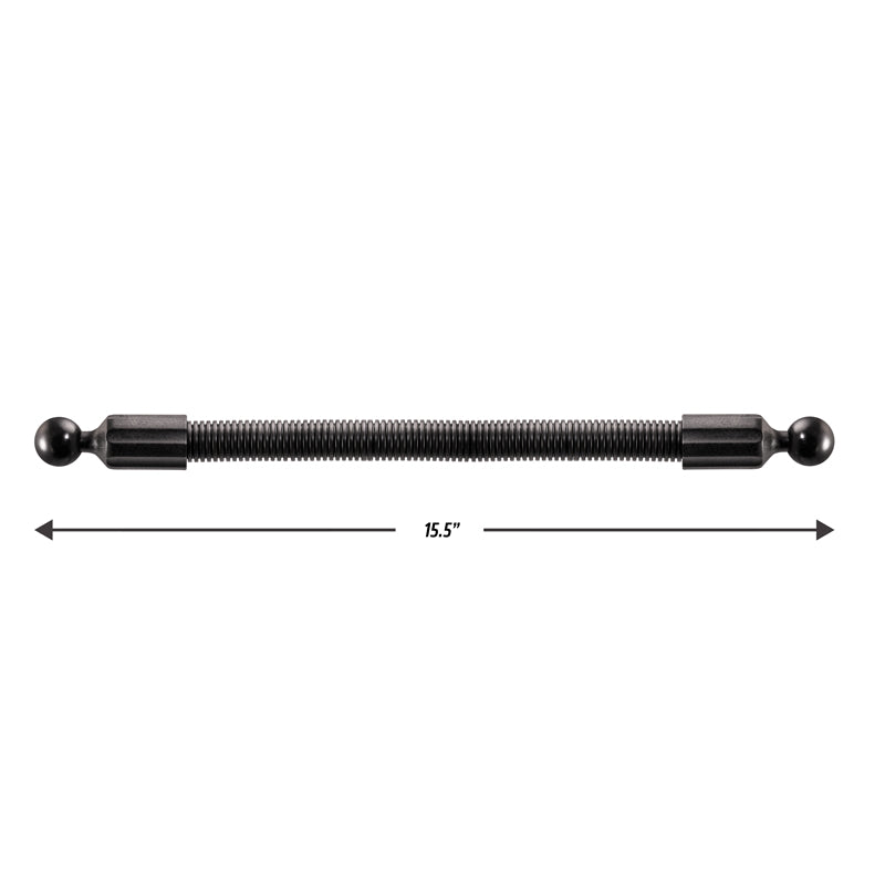 The 15.5 inch Double Socket Arm Extension Pole with 25mm (1 inch) ball ends is shown horizontally, featuring threaded sides and ball ends, with a double-headed arrow below indicating its length.