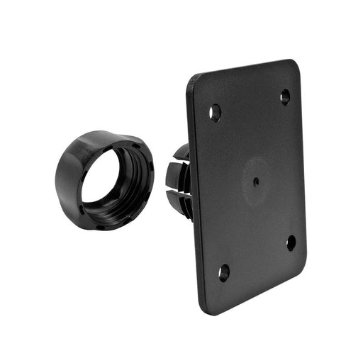 A 17mm Ball to 4-Hole AMPS Adapter with a rectangular black plate and four corner holes is shown beside a detached circular tightening ring, both made of plastic, against a white background.