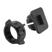 A black plastic threaded ring and matching notched plug are shown on a white background, ideal as a 17mm Ball to Single T-Tab Adapter for XM Satellite Radio, Scosche, or Bracketron mounts.
