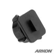The 17mm Ball to Single T-Tab Adapter for XM Satellite Radio, Scosche, and Bracketron Mounts is a black plastic adapter with a square notched face and protruding tab. The ARKON logo appears in gray on the bottom right corner.